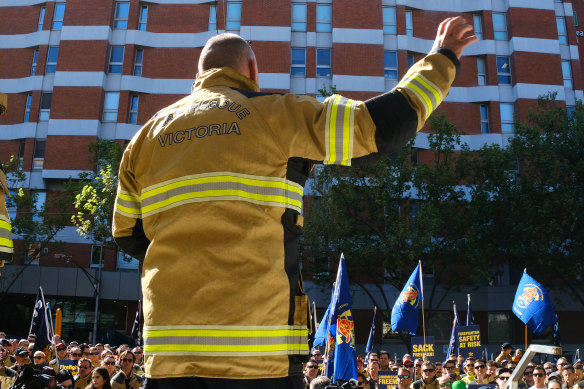 United Firefighters Union boss Peter Marshall addressing a 1000-strong rally in East Melbourne earlier today. 