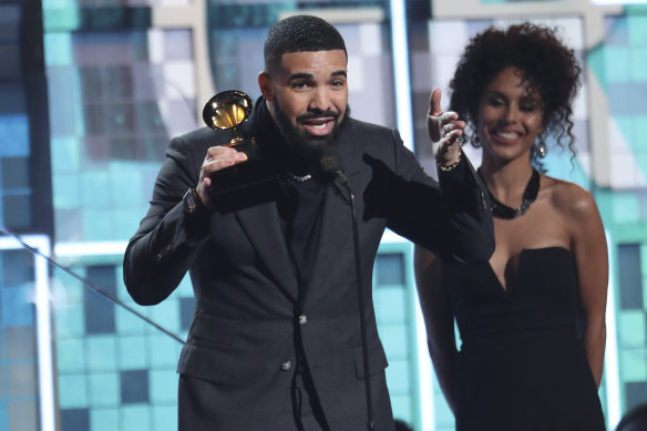 Drake accepting the best rap song Grammy for God’s Plan in 2019.