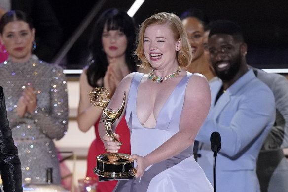Sarah Snook reacts as Succession wins the Emmy for outstanding drama series.