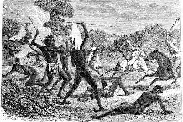 An 1867 image by Samuel Calvert from the Illustrated Melbourne Post, depicting Aboriginals and white settlers “in battle”. 