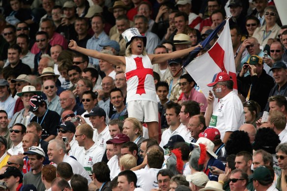 A member of the Barmy Army in full song during the Ashes Test at Edgbaston, 2005.