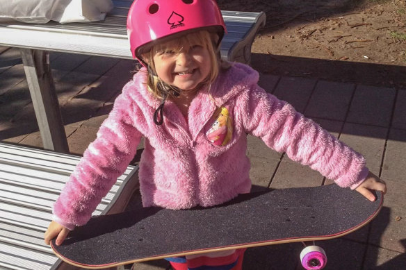 Ruby Trew with her first skateboard. She competed in her first open-age competition when she was six.