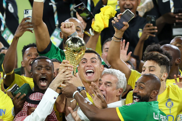 Cristiano Ronaldo celebrates with his new club Al Nassr.