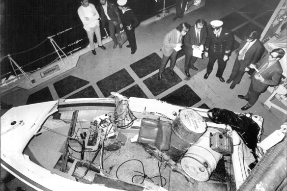 Mr Kerr’s 18ft powerboat on the deck of the destroyer HMAS Vampire last night. August 3, 1972