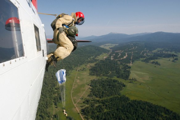 Smoke jumper Larry Wilson during a training exercise in Idaho in 2008.