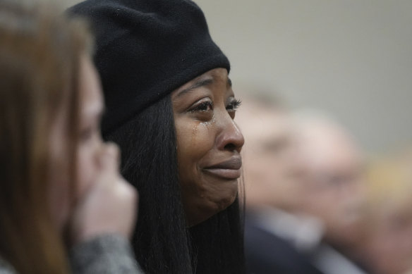 Whitney Mitchell, the fiancé
of Garrett Foster, cries as the verdict is read that US Army Sergeant Daniel Perry is guilty in the killing of Foster, in Austin, Texas in 2023.