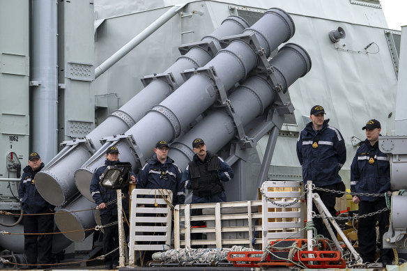 Crew members stand on deck of the Royal Canadian Navy ship HMCS Halifax departs Halifax, Nova Scotia, in support of NATO’s deterrence measures in eastern Europe.