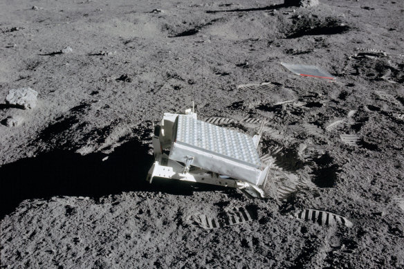 An image provided by NASA, a laser reflecting panel, also called a retroreflector, left by Apollo 14 astronauts on the moon in 1971. Researchers have used reflective prisms left on the moon's surface for decades, but had increasingly seen problems with their effectiveness. 