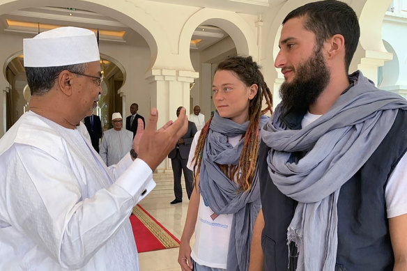 Canadian Edith Blais and Italian Luca Tacchetto, right, who were kidnapped 15-months ago in Burkina Faso, meet with UN Stabilisation Mission in Mali chief Mahamat Saleh Annadif.