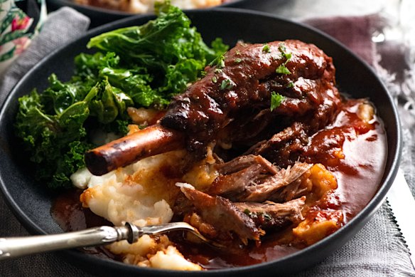 Lamb shanks in red wine sauce.