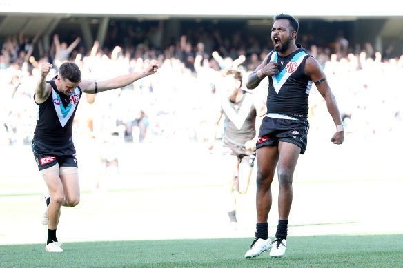 Junior Rioli feels the power, playing his first game for Port Adelaide.