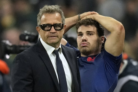 France’s head coach Fabien Galthie and star halfback Antoine Dupont after the loss to South Africa.