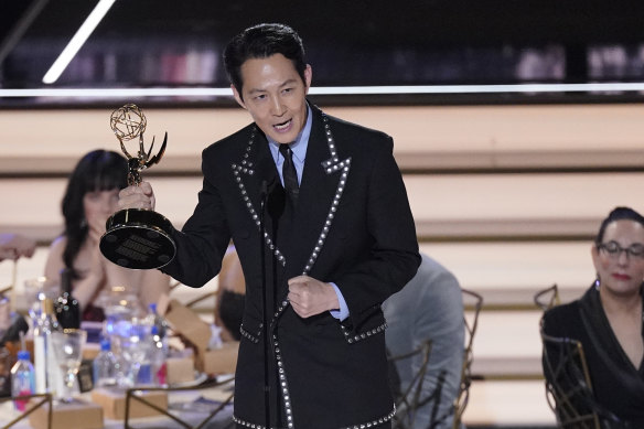 Lee Jung-jae accepts the Emmy for outstanding lead actor in a drama series for Squid Game.