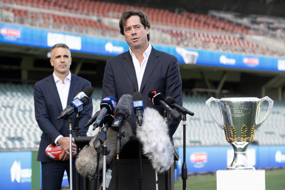 AFL chief executive Gillon McLachlan and SA Premier Peter Malinauskas have agreed to extend Gather Round’s presence in Adelaide through to 2026.