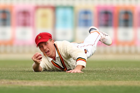 SA captain Nathan McSweeney took a diving catch to dismiss Victoria’s Campbell Kellaway after a resolute knock.