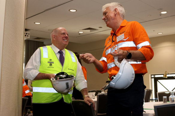 Maryland Governor Larry Hogan (left) and Transurban CEO Scott Charlton on a tour of Transurban’s WestConnex construction site in Sydney during Hogan’s 2019 visit to Australia.