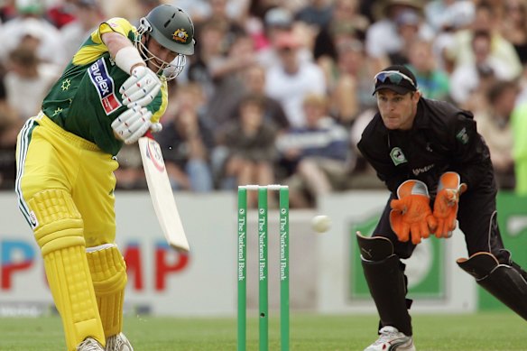 Columnist Mike Hussey batting for Australia in 2005 while New Zealand’s Brendon McCullum, now England coach, keeps wicket.