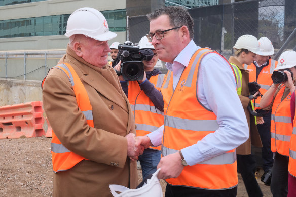 Lindsay Fox with Daniel Andrews in June at the site of the Paula Fox Melanoma and Cancer Centre in Melbourne.