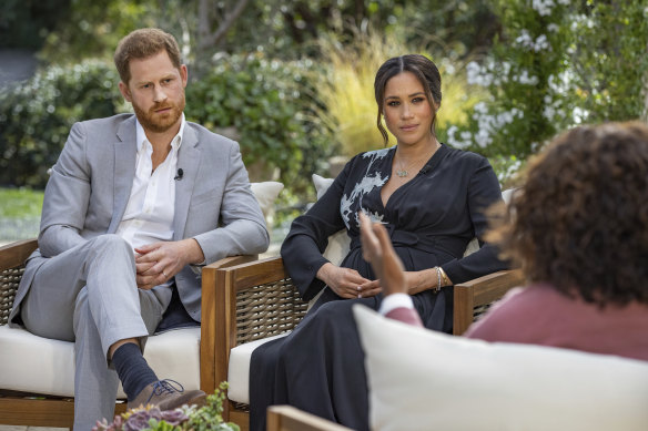 Prince Harry and Meghan during their interview with Oprah Winfrey.