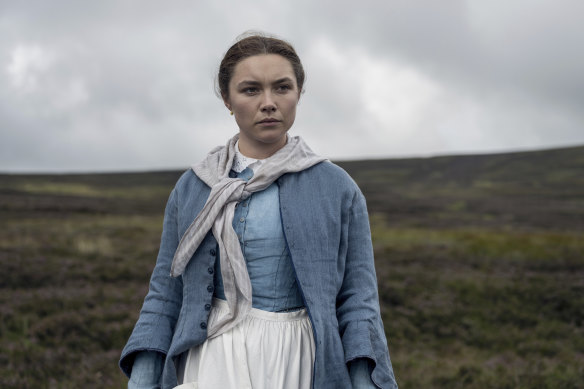 Florence Pugh shape-shifts again as Lib Wright, a nurse investigating a mysterious starving girl, in The Wonder. 