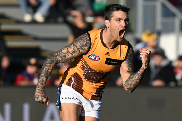 Hawthorn’s Chad Wingard celebrates a goal last week during the match between the Hawks and Brisbane at University of Tasmania Stadium in Launceston.