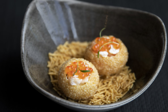Pani puri stuffed with prawn and yuzu and topped with Yarra Valley caviar.