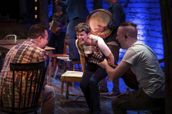 From left: Caesar Samayoa, Jenn Colella and Nate Lueck in Come From Away.