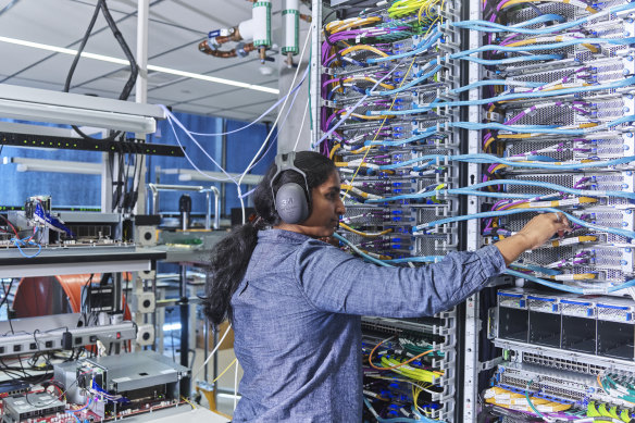 A Trainium 2 system at an Amazon facility in Austin, Texas. Amazon, sometimes seen as a laggard in AI, seems particularly determined to catch up.
