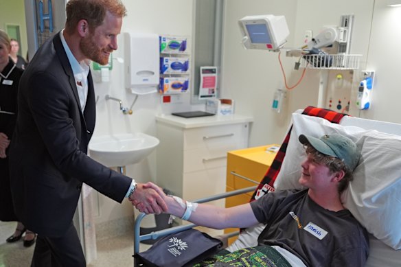 Prince Harry visits patient Hamish at the Royal Children’s Hospital.