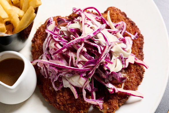 A chicken schnitzel has replaced the chicken parma at The Vic Hotel, Footscray.