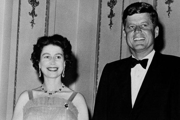 The Queen and president John Kennedy in 1961 at Buckingham Palace, where the Kennedys were dinner guests.