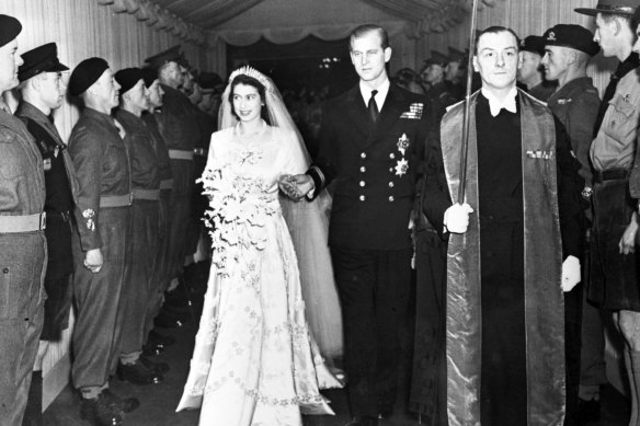 Princess Elizabeth and her husband, the Duke of Edinburgh, leave Westminster Abbey, London, following their wedding service in November 20, 1947.