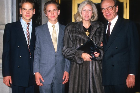 (From left) Lachlan, James, Anna and Rupert Murdoch at the Art and Antique Show at Sotheby’s in New York City in 1987.