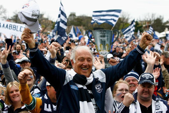 Frank Costa, former Geelong president, celebrating with fans after the the club’s grand final win in 2009.
