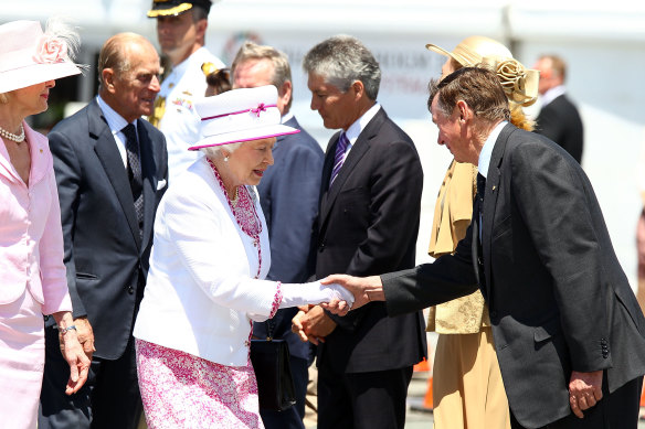 Queen Elizabeth II and Prince Philip Duke of Edinburgh are farewelled by Governor of Western Australia Malcolm McCusker.
