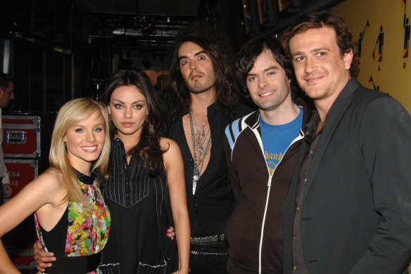 Kristen Bell, Mila Kunis, Brand, Bill Hader and Jason Segel promote their movie Forgetting Sarah Marshall in 2008.