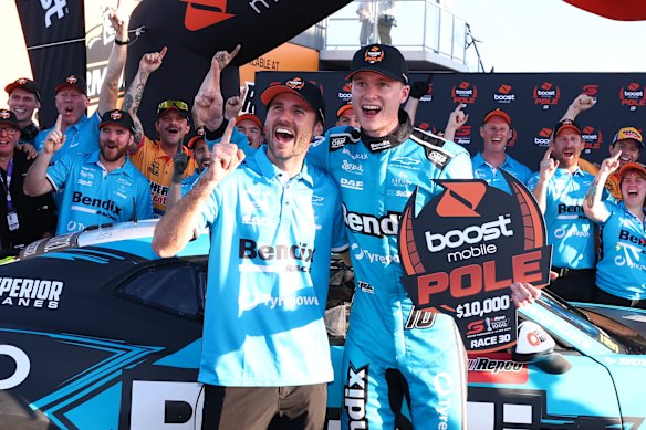 Zac Bates and co-driver Aaron Seton celebrate taking poll position.