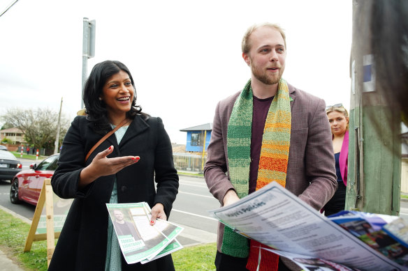 Greens candidate for Warrandyte  Tomas Lightbody seen with the party’s Victorian leader Samantha Ratnam at East Doncaster Secondary College.