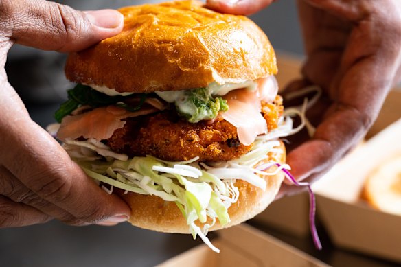 Japanese crumbed salmon burger at Fitchies, Neutral Bay.