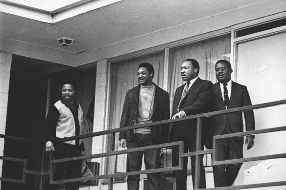 Rev. Martin Luther King Jr., second from right, standing with other civil rights leaders on the balcony of the Lorraine Motel in Memphis, Tenn., a day before he was assassinated at approximately the same place.