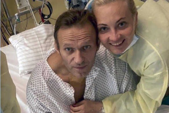 Alexei Navalny, pictured with his wife Yulia, in Berlin’s Charite hospital in 2020 recovering from  poisoning.  