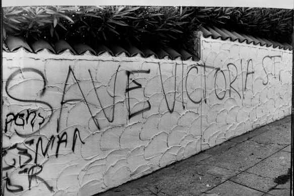 Graffiti on the wall outside Frank Theeman’s mansion in Bellevue Hill.