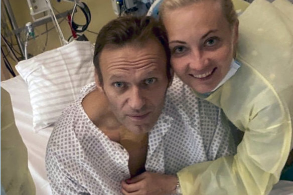 Alexei Navalny, pictured with his wife Yulia, in Berlin’s Charite hospital in 2020 recovering from  poisoning.