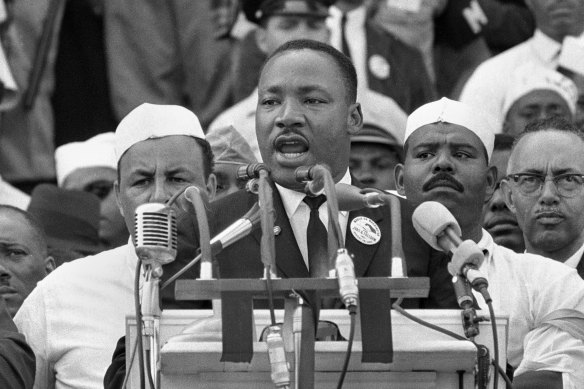 Martin Luther King Jr. addresses marchers during his “I Have a Dream” speech at the Lincoln Memorial in Washington.