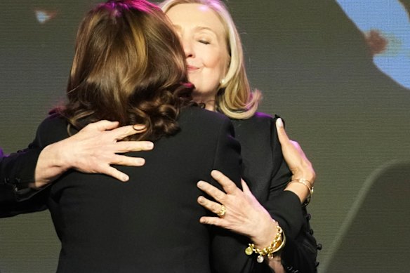 Hillary Clinton and Kamala Harris meet at an event in Houston in 2024.