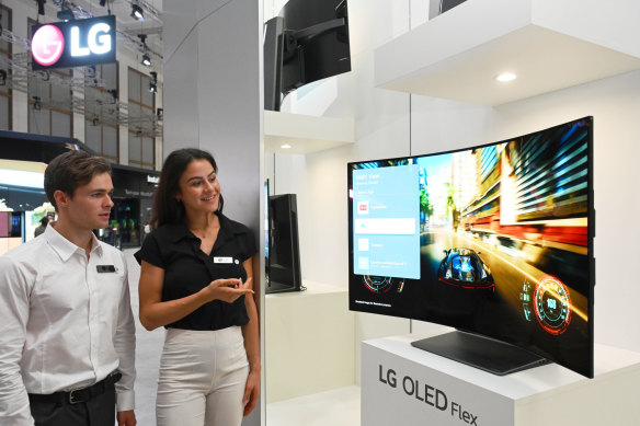 LG’s OLED Flex, shown at IFA, can be used as a normal flat TV or set at a range of curvatures.