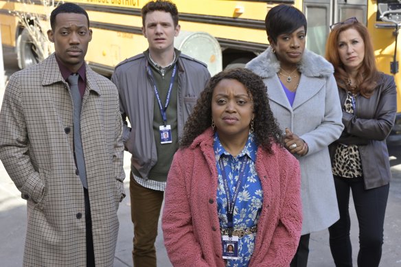 The teachers of Abbott Elementary are (from left) Gregory (Tyler James William), Jacob (Chris Perfetti), Janine (Quinta Brunson), Barbara (Sheryl Lee Ralph) and Melissa (Lisa Ann Walter).