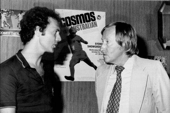 Franz Beckenbauer catching up with his compatriot and Australia coach Rudi Gutendorf in Sydney in 1979.