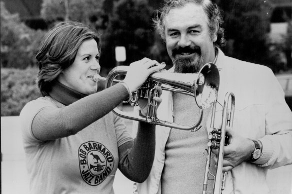 Band Leader Bob Barnard welcomed home to Sydney by daughter Loretta after his five-week, 10,000 mile tour of the USA, 1976.