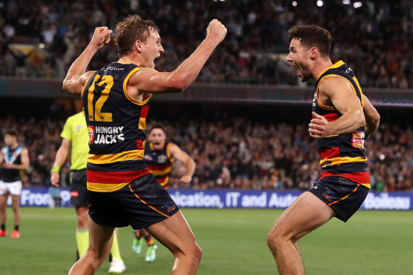 New Crows skipper Jordan Dawson celebrates a high point of the 2022 season.